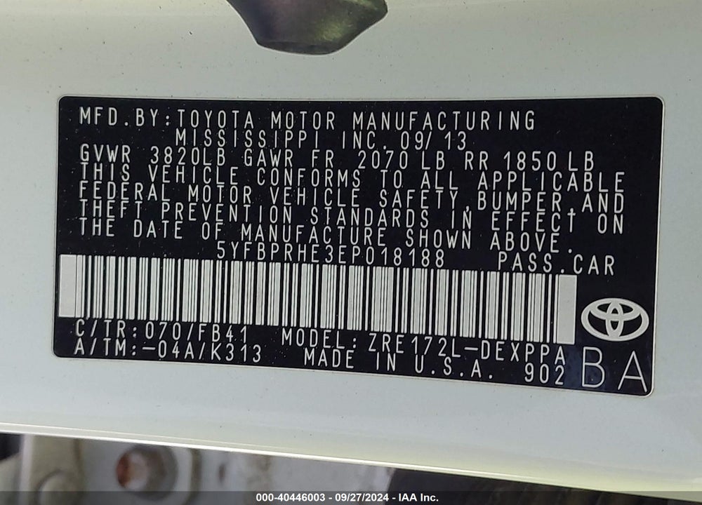 2014 TOYOTA COROLLA LE ECO PLUS VIN: 5YFBPRHE3EP018188