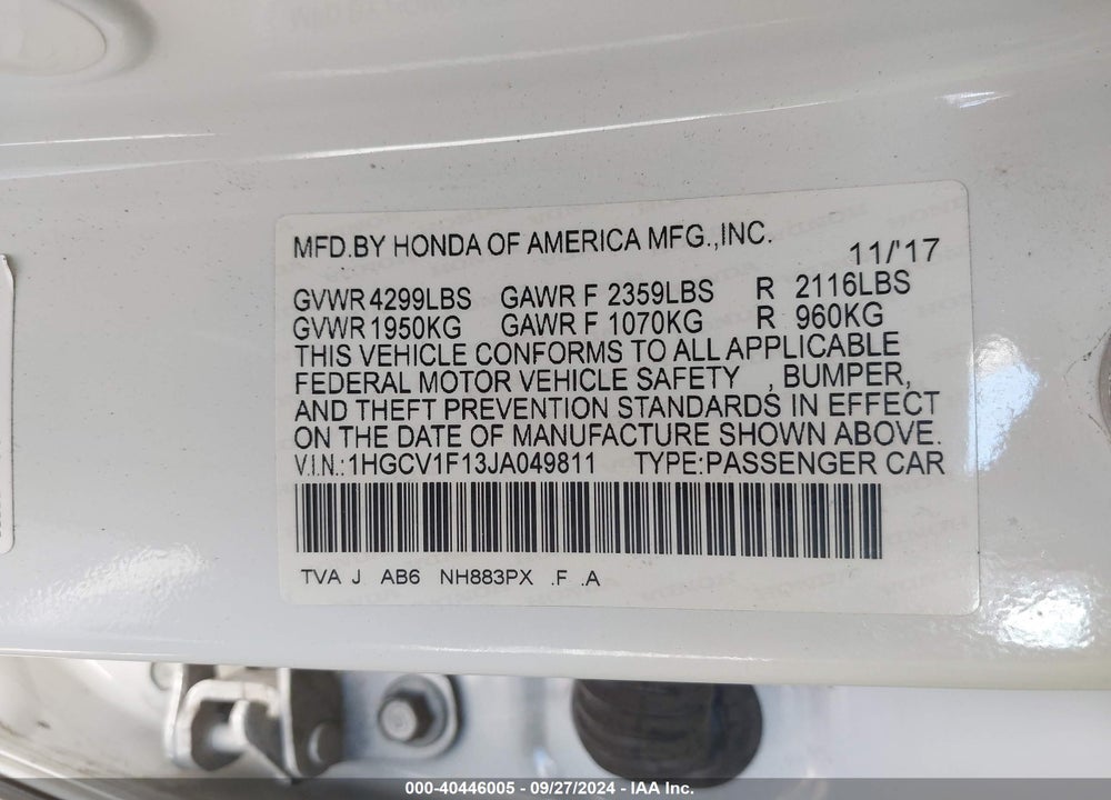 2018 HONDA ACCORD LX VIN: 1HGCV1F13JA049811