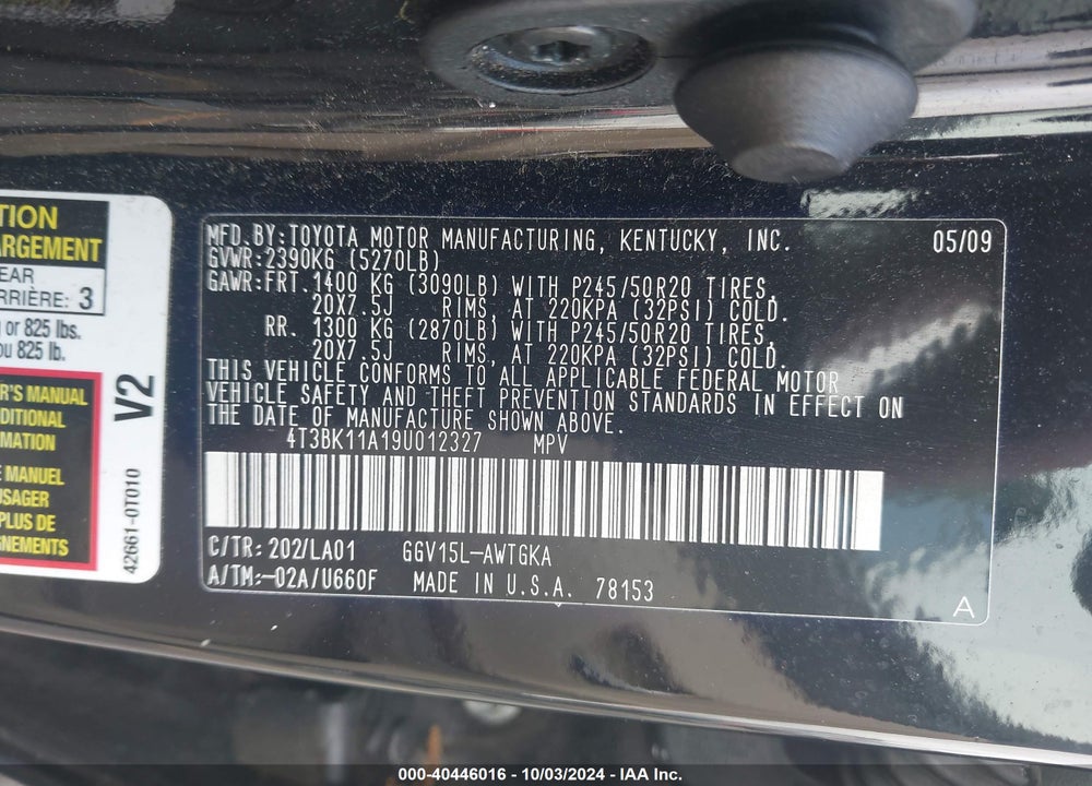 2009 TOYOTA VENZA BASE V6 VIN: 4T3BK11A19U012327
