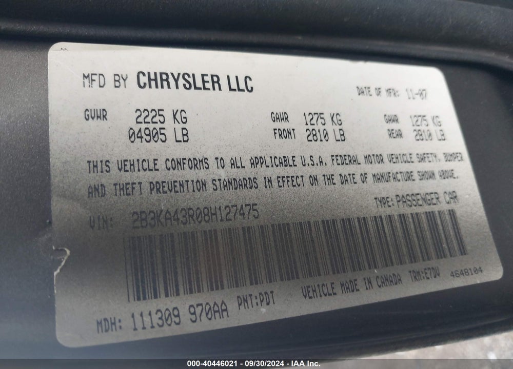 2008 DODGE CHARGER VIN: 2B3KA43R08H127475
