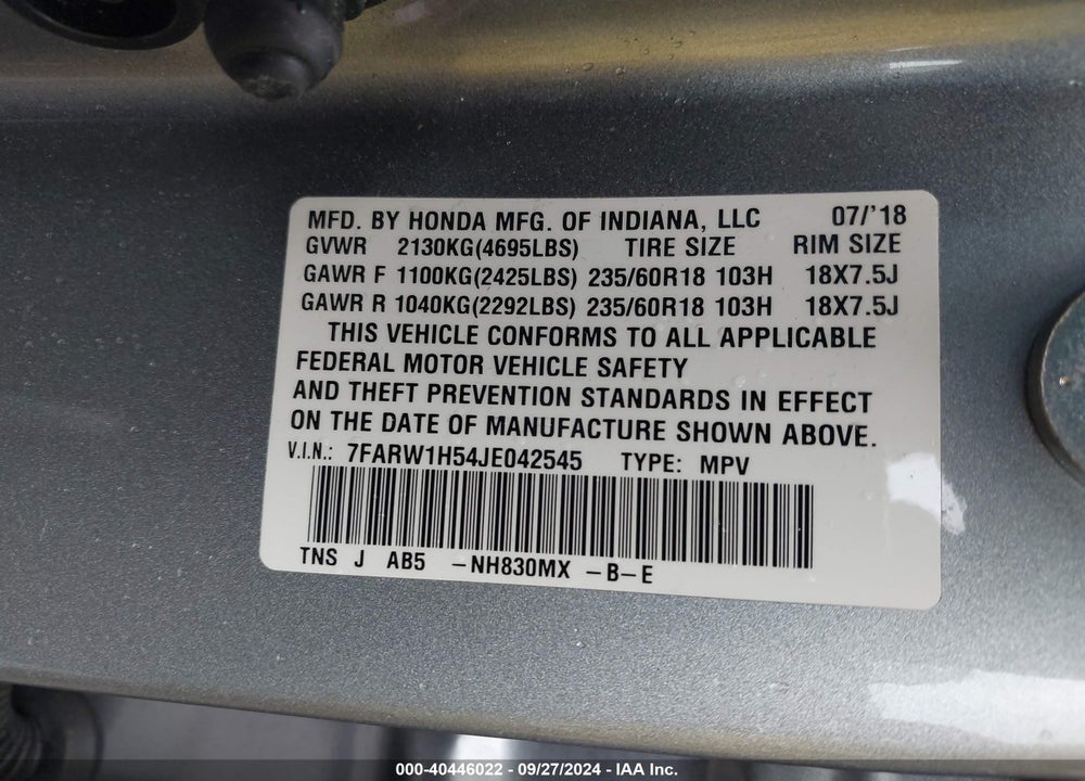 2018 HONDA CR-V EX VIN: 7FARW1H54JE042545