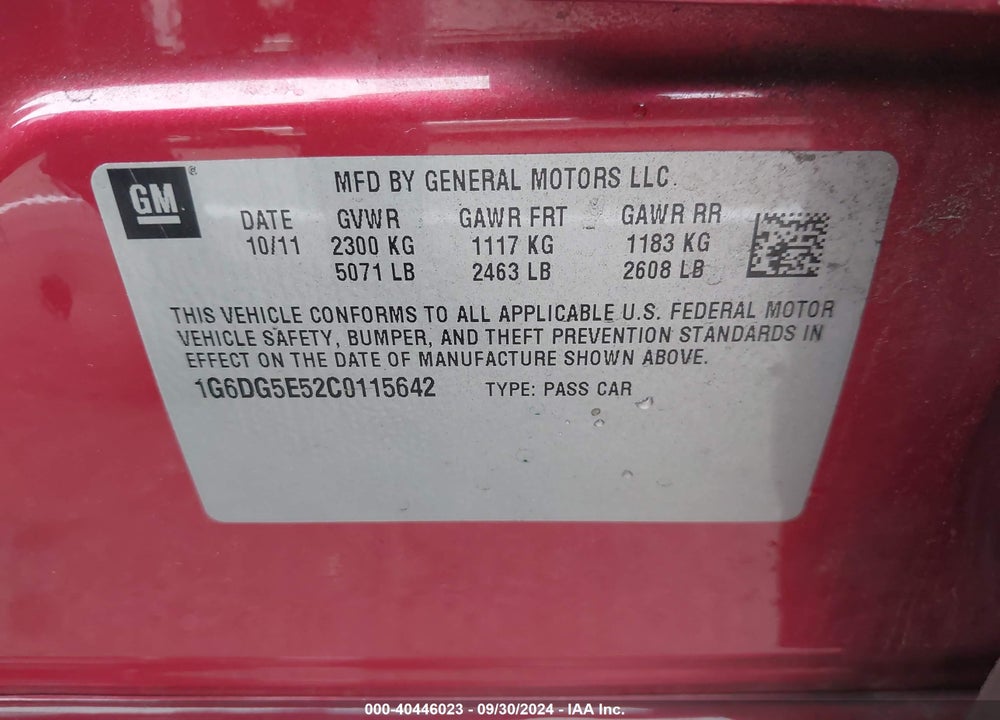 2012 CADILLAC CTS LUXURY VIN: 1G6DG5E52C0115642