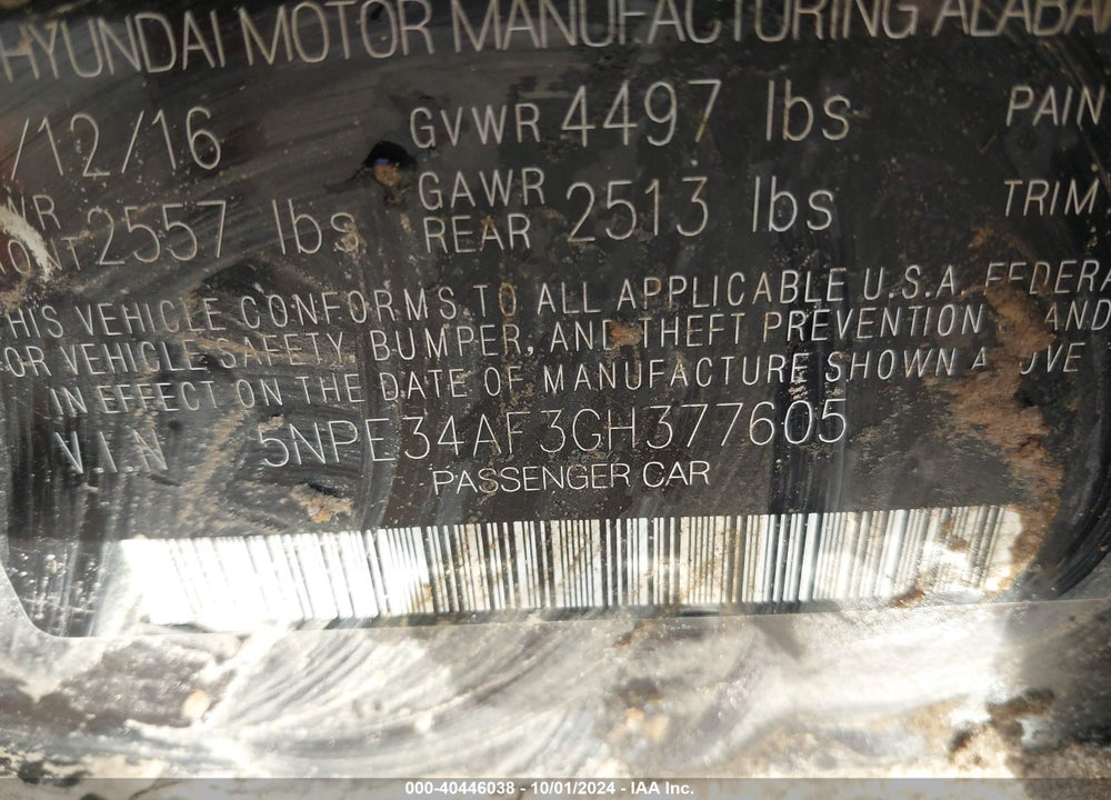 2016 HYUNDAI SONATA VIN: 5NPE34AF3GH377605