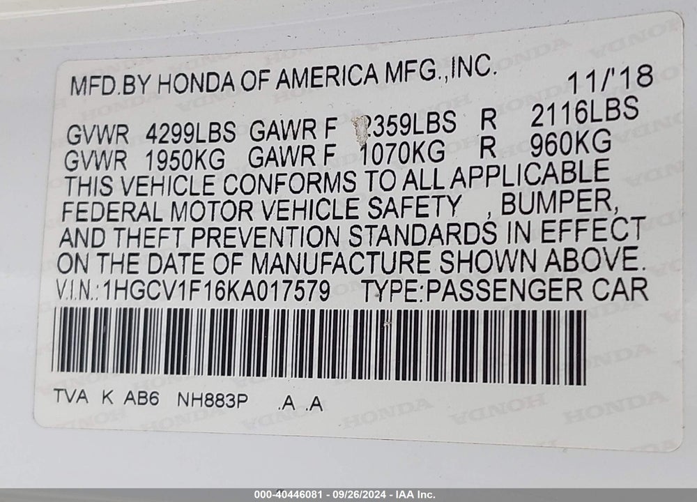 2019 HONDA ACCORD LX VIN: 1HGCV1F16KA017579