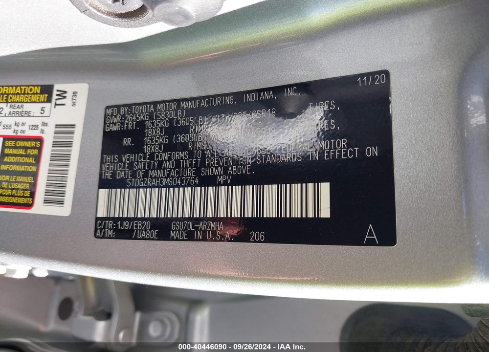 2021 TOYOTA HIGHLANDER XLE VIN: 5TDGZRAH3MS043764