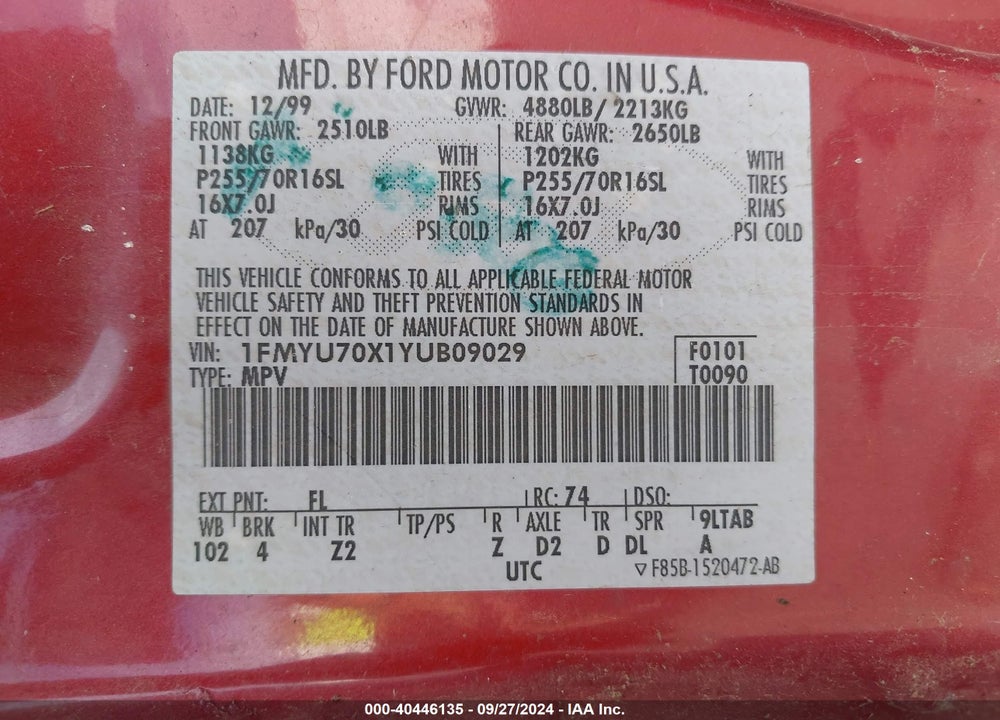 2000 FORD EXPLORER SPORT VIN: 1FMYU70X1YUB09029