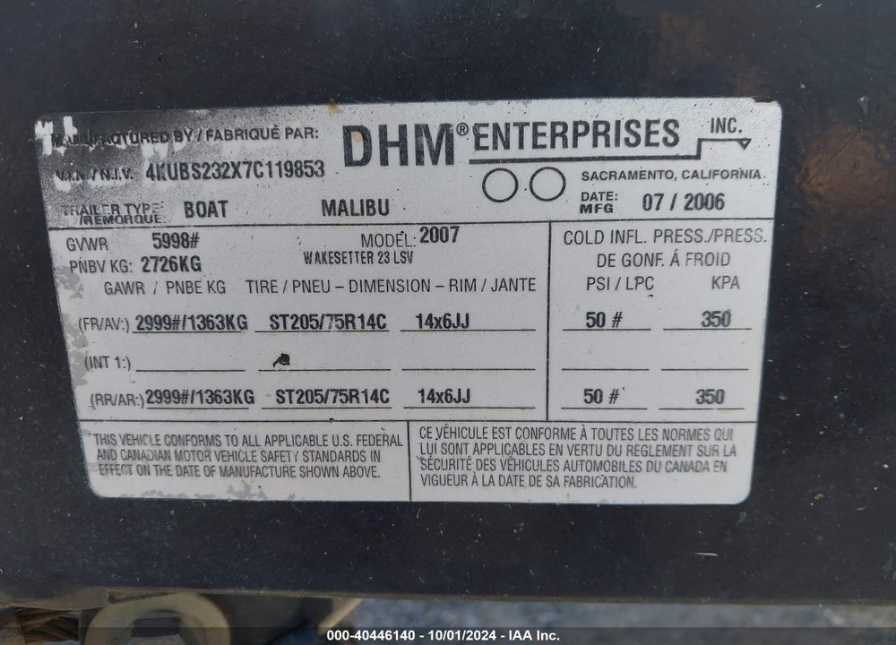 2007 MALIBU OTHER VIN: MB2S3180G607