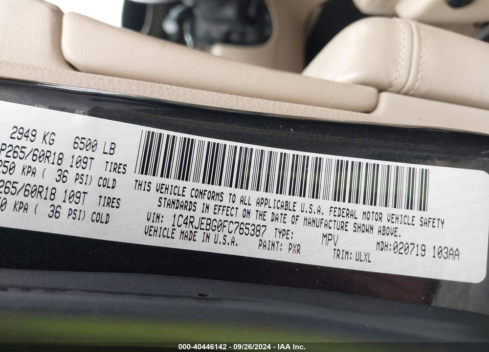2015 JEEP GRAND CHEROKEE LIMITED VIN: 1C4RJEBG0FC765387