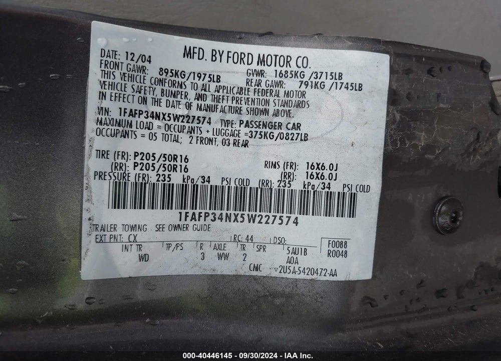 2005 FORD FOCUS ZX4 VIN: 1FAFP34NX5W227574