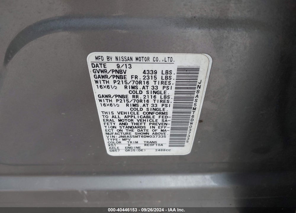 2013 NISSAN ROGUE S VIN: JN8AS5MT6DW037335