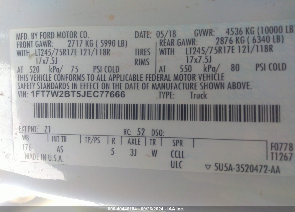 2018 FORD F-250 XL VIN: 1FT7W2BT5JEC77666