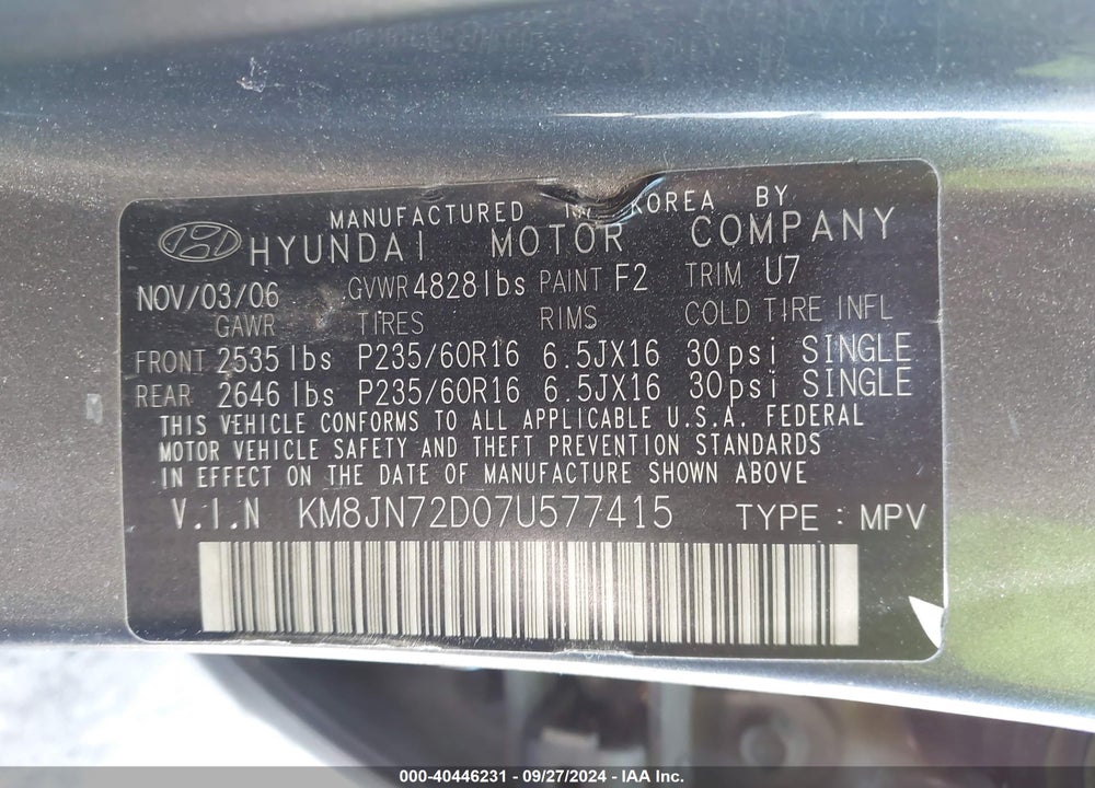 2007 HYUNDAI TUCSON LIMITED/SE VIN: KM8JN72D07U577415