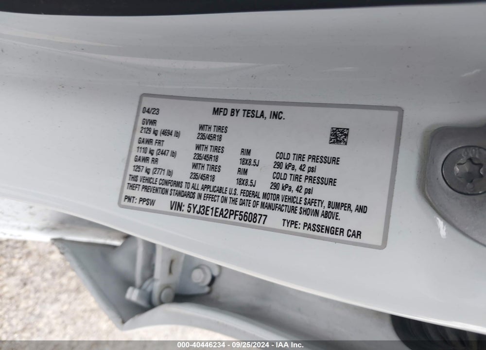 2023 TESLA MODEL 3 REAR-WHEEL DRIVE VIN: 5YJ3E1EA2PF560877