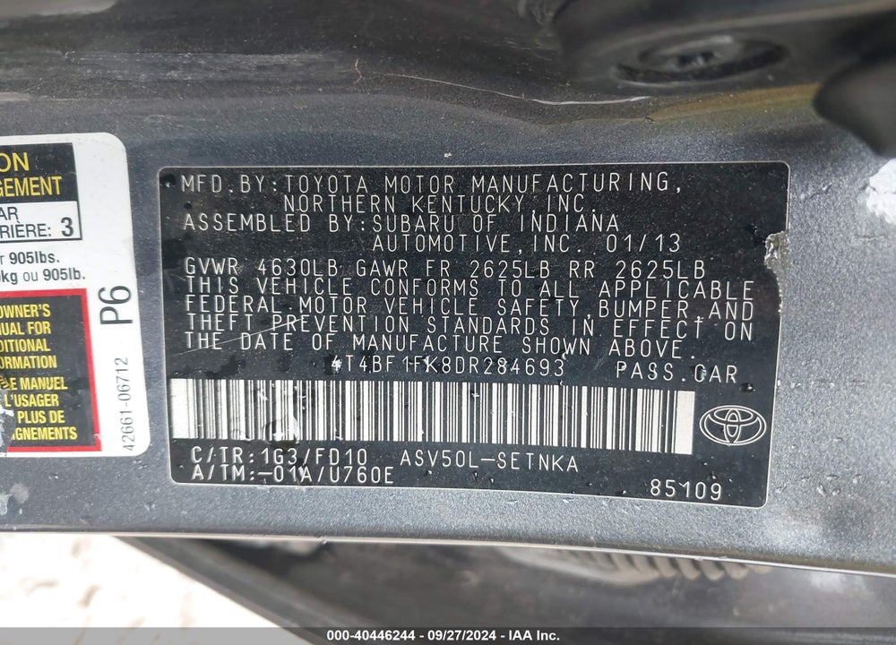 2013 TOYOTA CAMRY LE VIN: 4T4BF1FK8DR284693