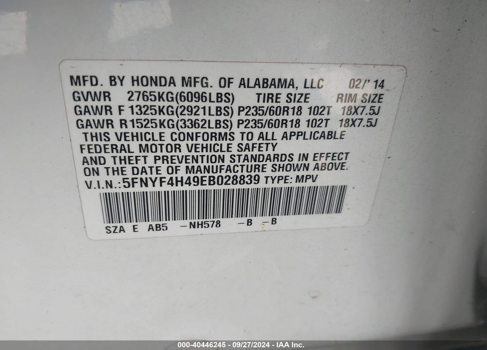 2014 HONDA PILOT EX VIN: 5FNYF4H49EB028839