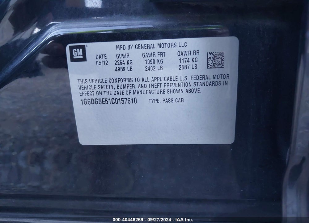 2012 CADILLAC CTS LUXURY VIN: 1G6DG5E51C0157610