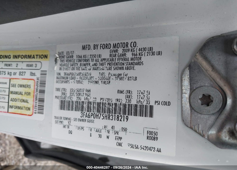 2017 FORD FUSION SE VIN: 3FA6P0H75HR318219