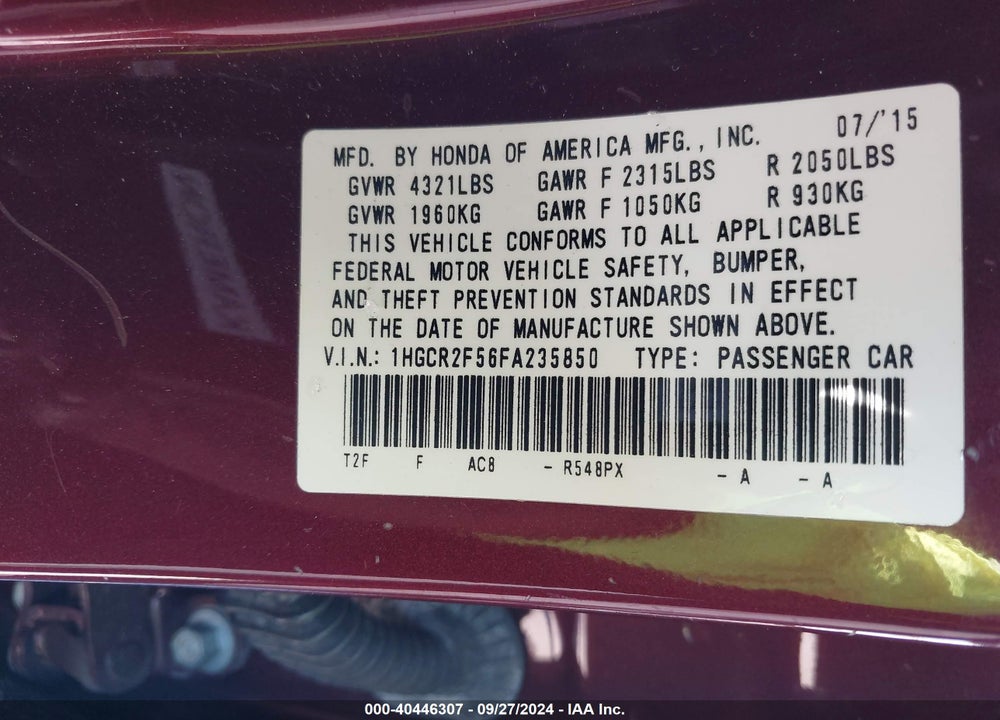 2015 HONDA ACCORD SPORT VIN: 1HGCR2F56FA235850