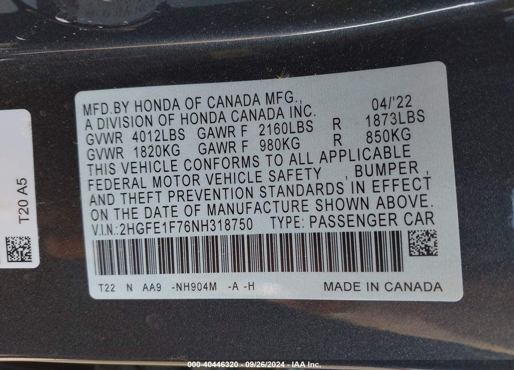 2022 HONDA CIVIC EX VIN: 2HGFE1F76NH318750