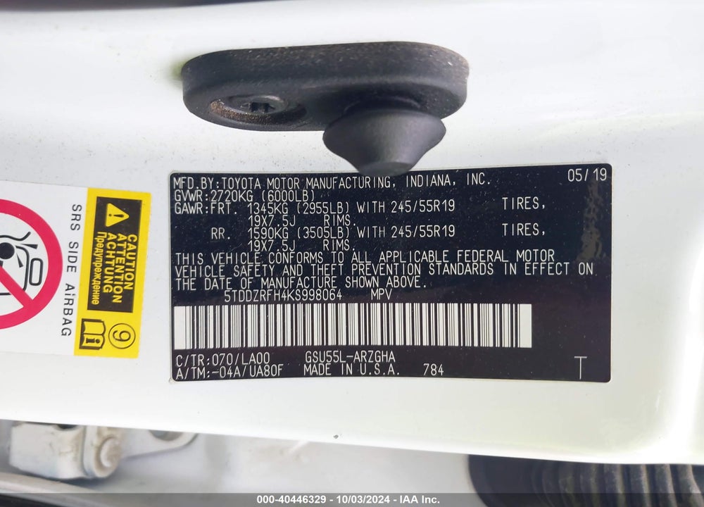 2019 TOYOTA HIGHLANDER LIMITED/PLATINUM VIN: 5TDDZRFH4KS998064