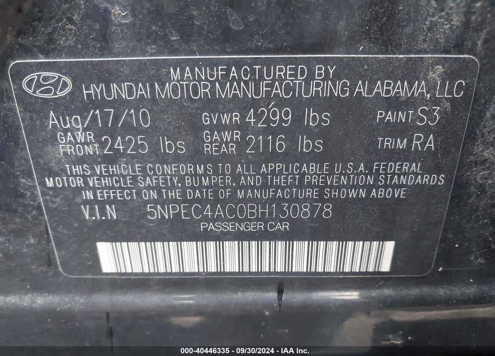 2011 HYUNDAI SONATA LIMITED VIN: 5NPEC4AC0BH130878