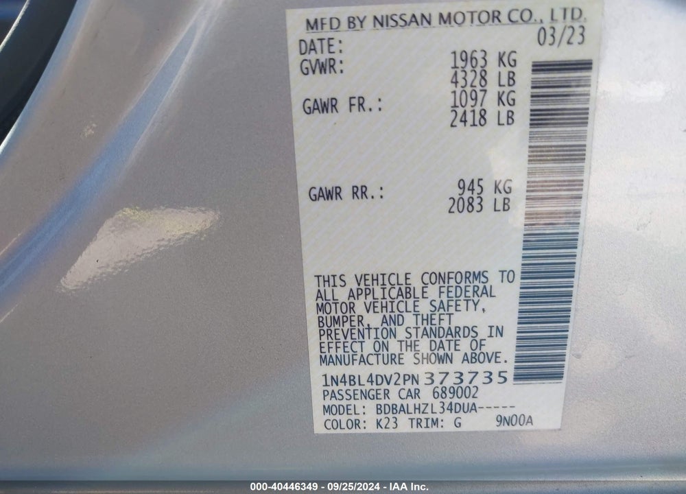 2023 NISSAN ALTIMA SV FWD VIN: 1N4BL4DV2PN373735