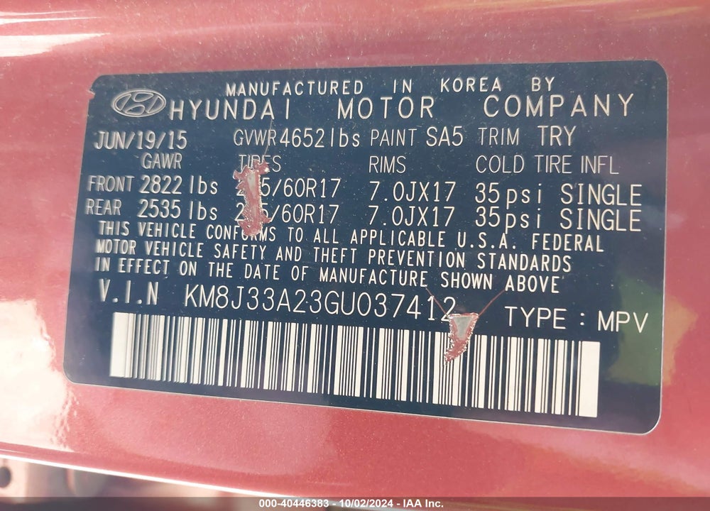 2016 HYUNDAI TUCSON ECO VIN: KM8J33A23GU037412