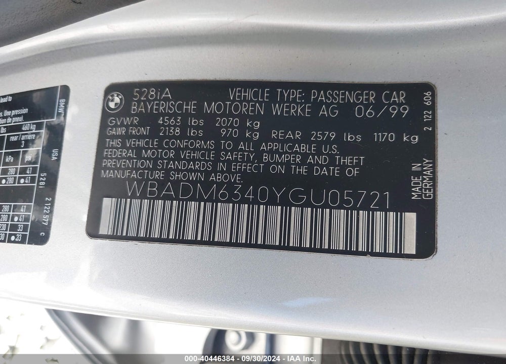 2000 BMW 528IA VIN: WBADM6340YGU05721