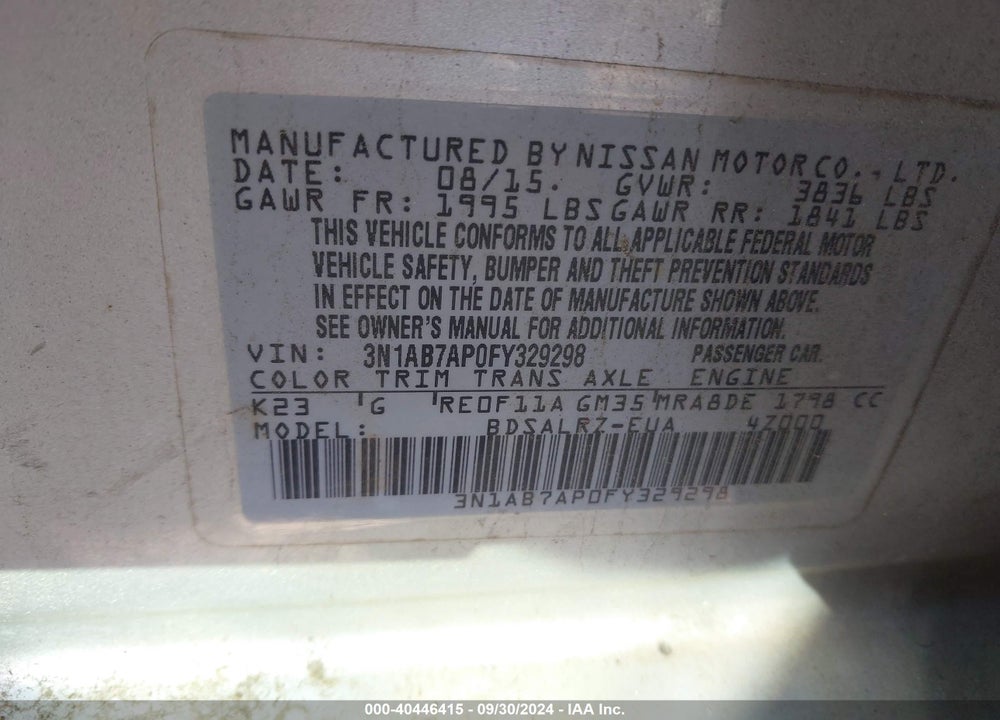 2015 NISSAN SENTRA SR VIN: 3N1AB7AP0FY329298