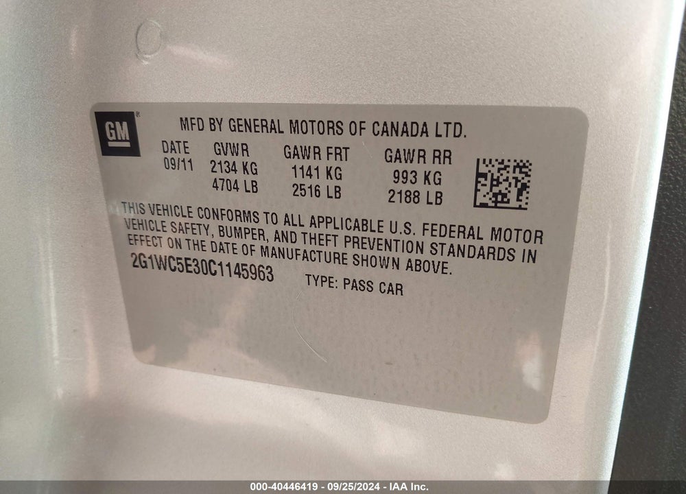 2012 CHEVROLET IMPALA VIN: 2G1WC5E30C1145963