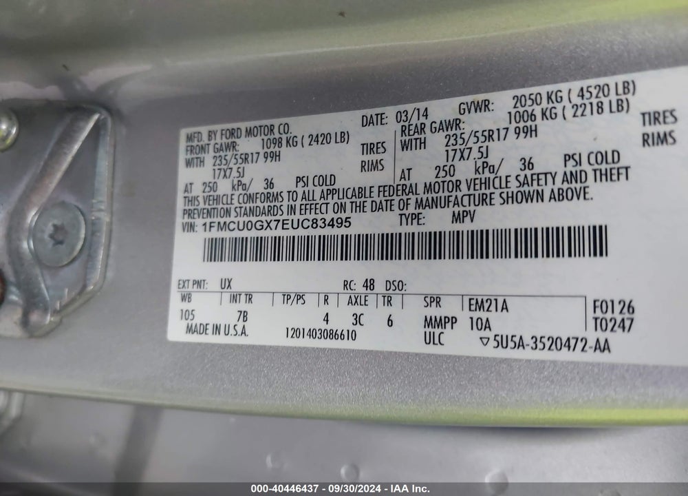 2014 FORD ESCAPE SE VIN: 1FMCU0GX7EUC83495