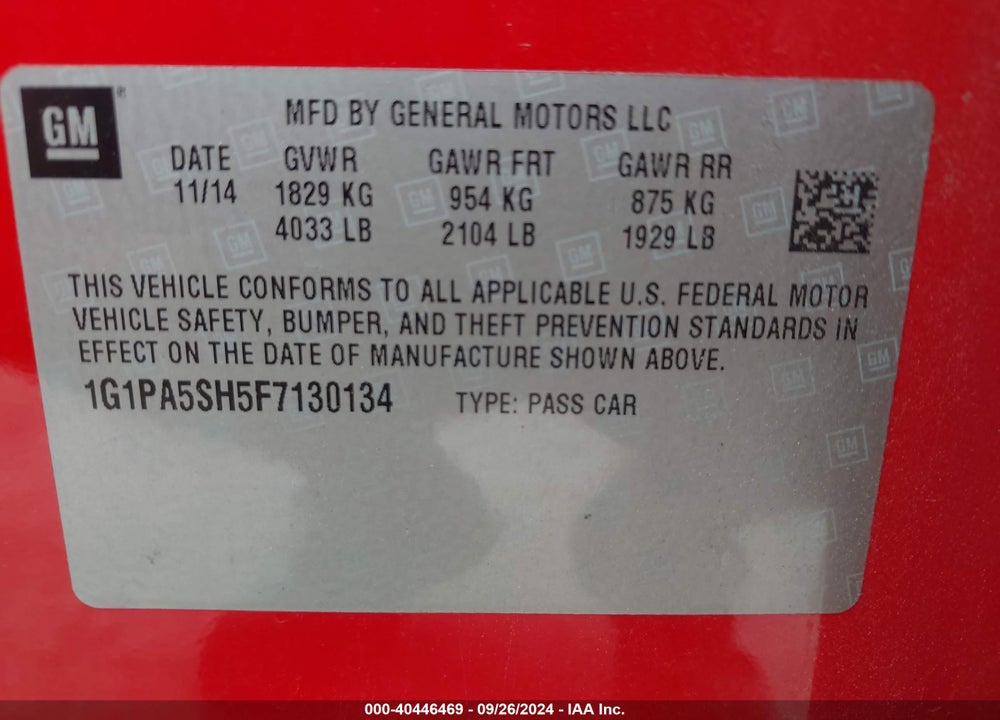2015 CHEVROLET CRUZE LS AUTO VIN: 1G1PA5SH5F7130134