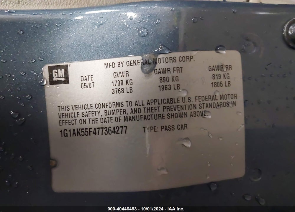 2007 CHEVROLET COBALT LS VIN: 1G1AK55F477364277