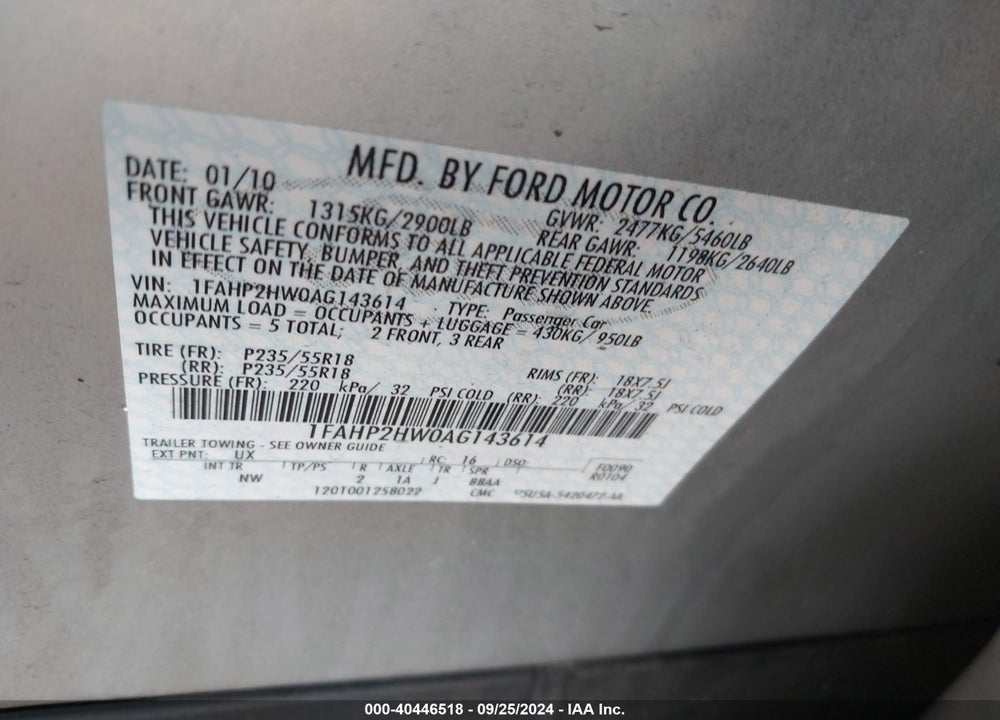2010 FORD TAURUS SEL VIN: 1FAHP2HW0AG143614