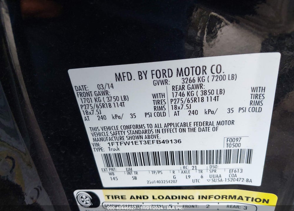 2014 FORD F-150 FX4 VIN: 1FTFW1ET3EFB49136