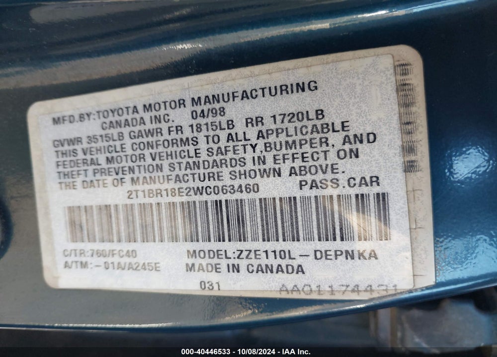 1998 TOYOTA COROLLA LE VIN: 2T1BR18E2WC063460