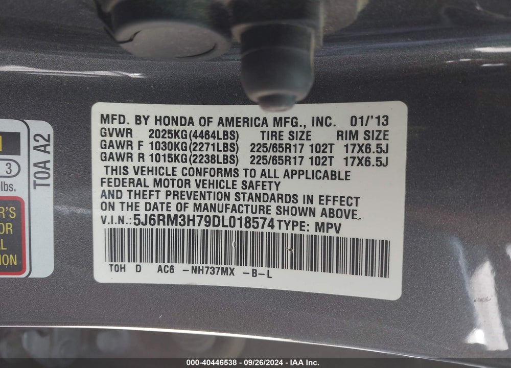 2013 HONDA CR-V EX-L VIN: 5J6RM3H79DL018574