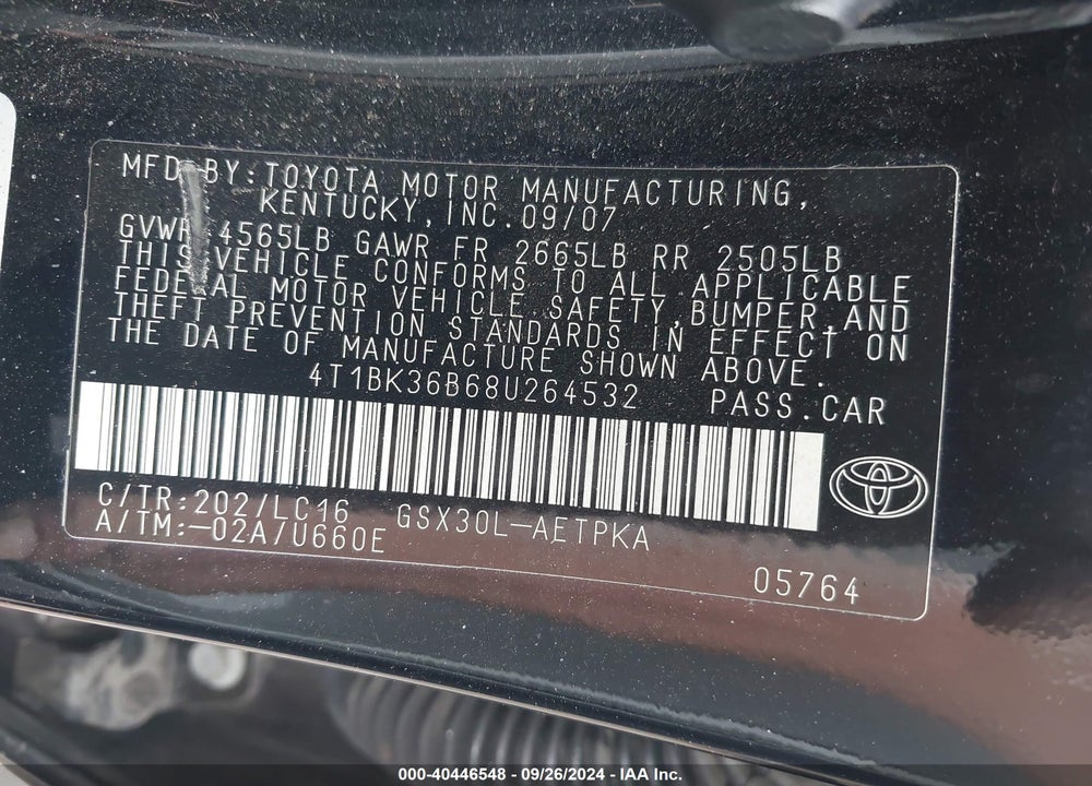 2008 TOYOTA AVALON LIMITED VIN: 4T1BK36B68U264532