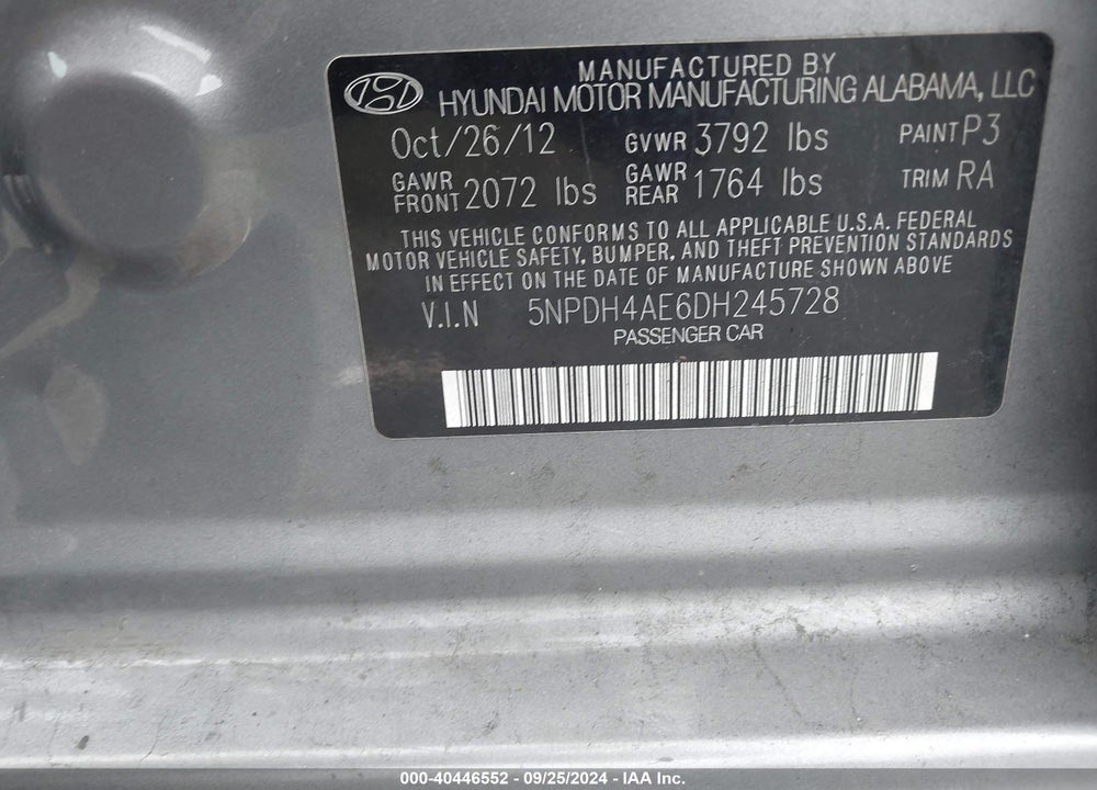 2013 HYUNDAI ELANTRA GLS VIN: 5NPDH4AE6DH245728