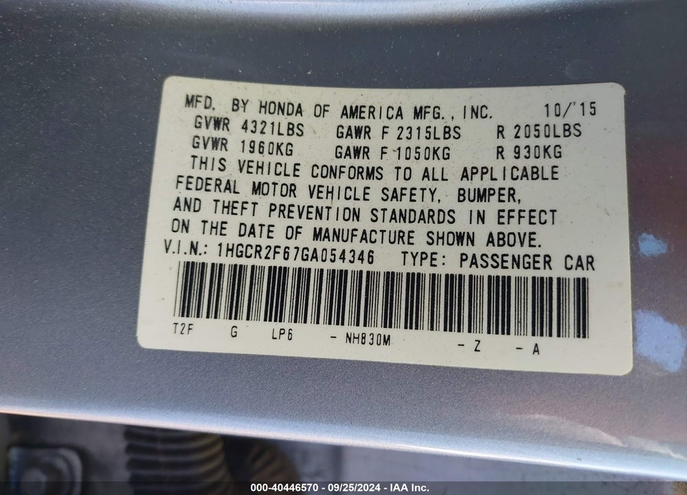 2016 HONDA ACCORD SPORT VIN: 1HGCR2F67GA054346