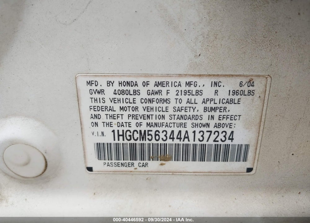 2004 HONDA ACCORD 2.4 LX VIN: 1HGCM56344A137234