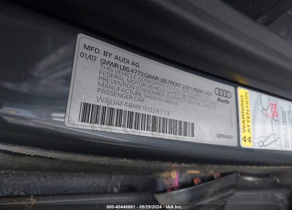 2007 AUDI A4 2.0T VIN: WAUAF48H97K026113