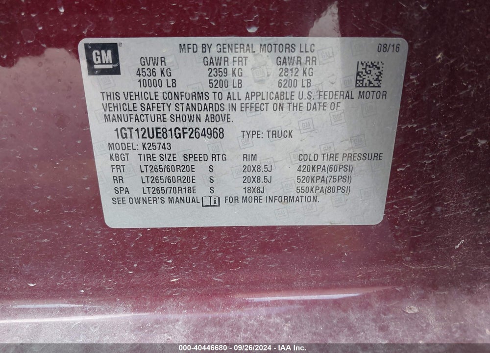 2016 GMC SIERRA 2500HD DENALI VIN: 1GT12UE81GF264968