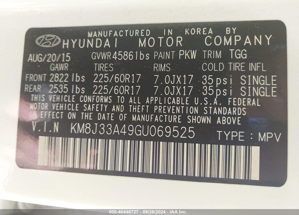 2016 HYUNDAI TUCSON SE VIN: KM8J33A49GU069525