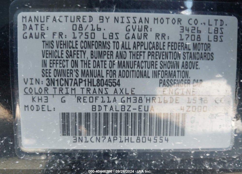 2017 NISSAN VERSA 1.6 SV VIN: 3N1CN7AP1HL804554