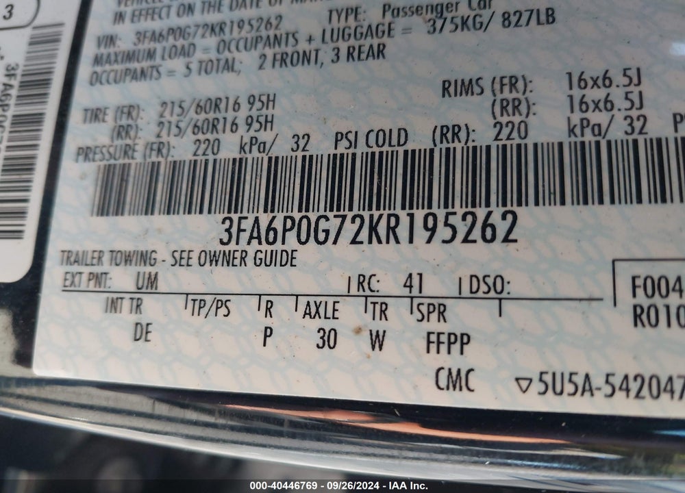 2019 FORD FUSION S VIN: 3FA6P0G72KR195262