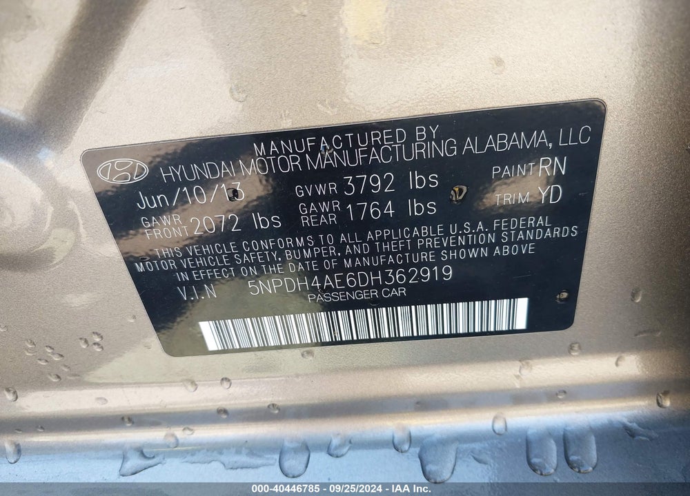 2013 HYUNDAI ELANTRA GLS VIN: 5NPDH4AE6DH362919