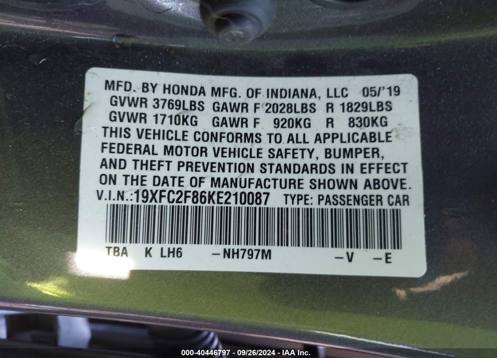 2019 HONDA CIVIC SPORT VIN: 19XFC2F86KE210087