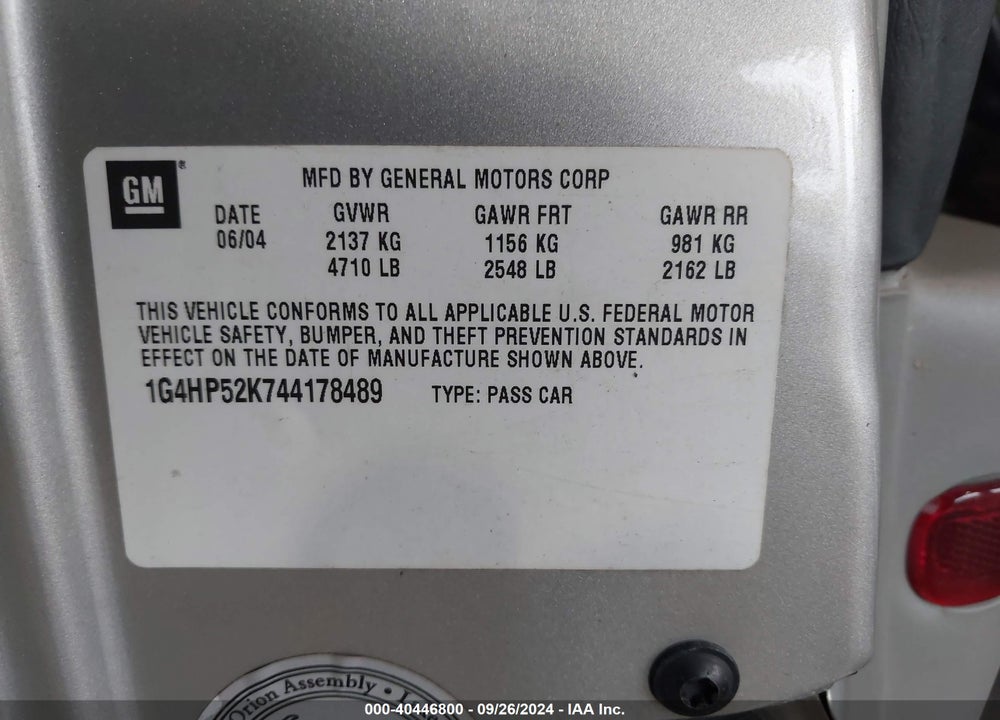 2004 BUICK LESABRE CUSTOM VIN: 1G4HP52K744178489