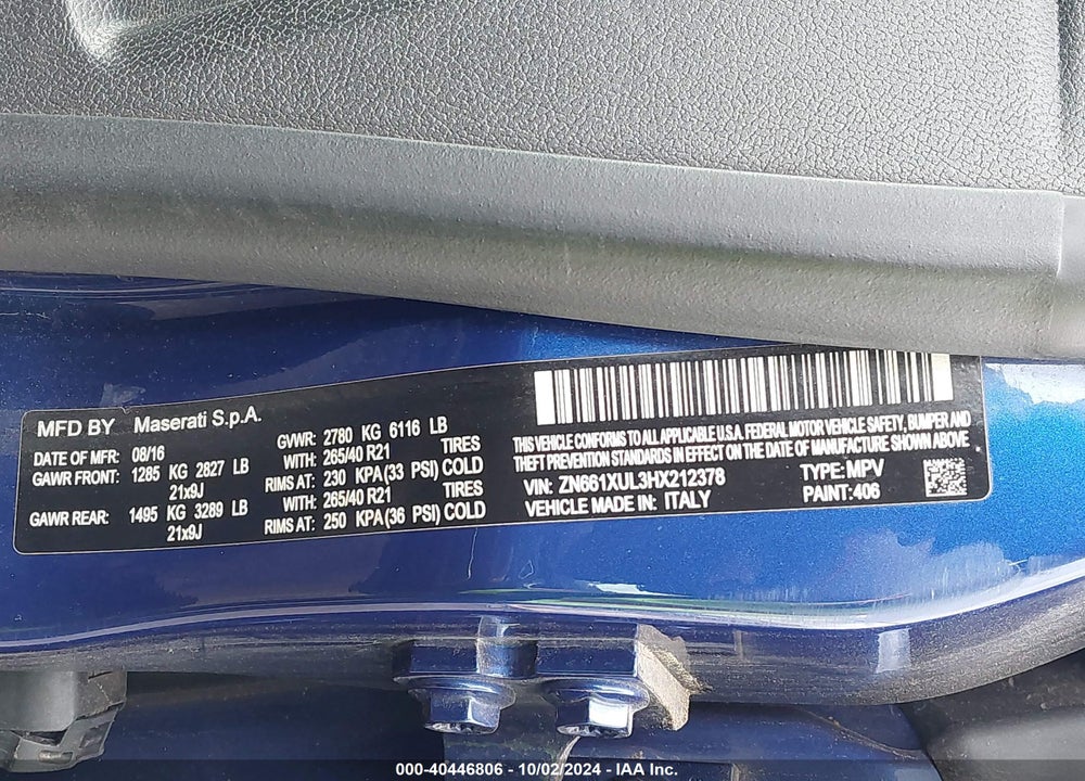 2017 MASERATI LEVANTE VIN: ZN661XUL3HX212378